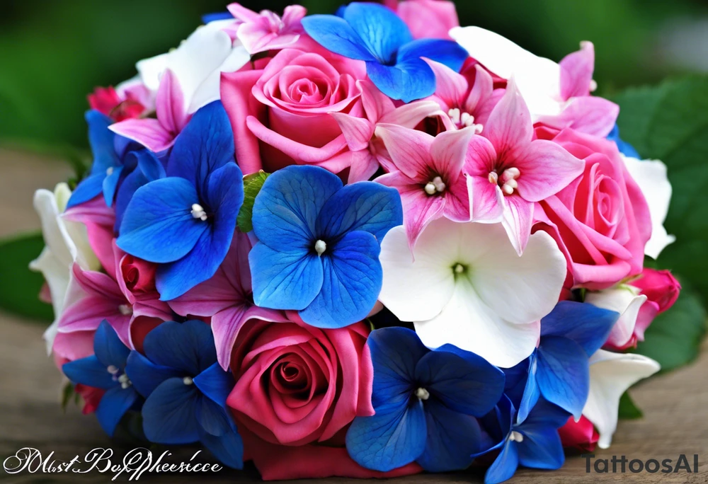 based on my wedding flowers for my wrist:Light pink hydrangea petals, white hydrangea petals, deep blue hydrangea petals, hot pink hydrangea petals, baby pink roses, hot pink roses, light pink stargazer lilies. With some purpley/bluey delphinium petals and tiny white and light pink flowers. With leaves weaving between them all and festoon and fairy lights around the outside, giving the flowers a glow. tattoo idea
