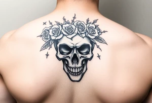 ornate skull adorned with crown of wild roses and thorns tattoo idea