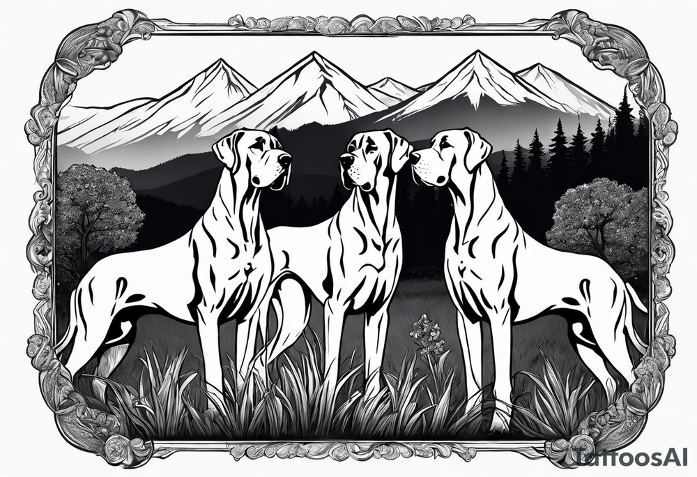 Full arm sleeve. Four Great Danes playing in field together with mountains in background tattoo idea