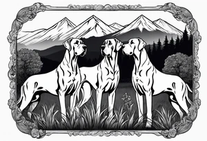 Full arm sleeve. Four Great Danes playing in field together with mountains in background tattoo idea