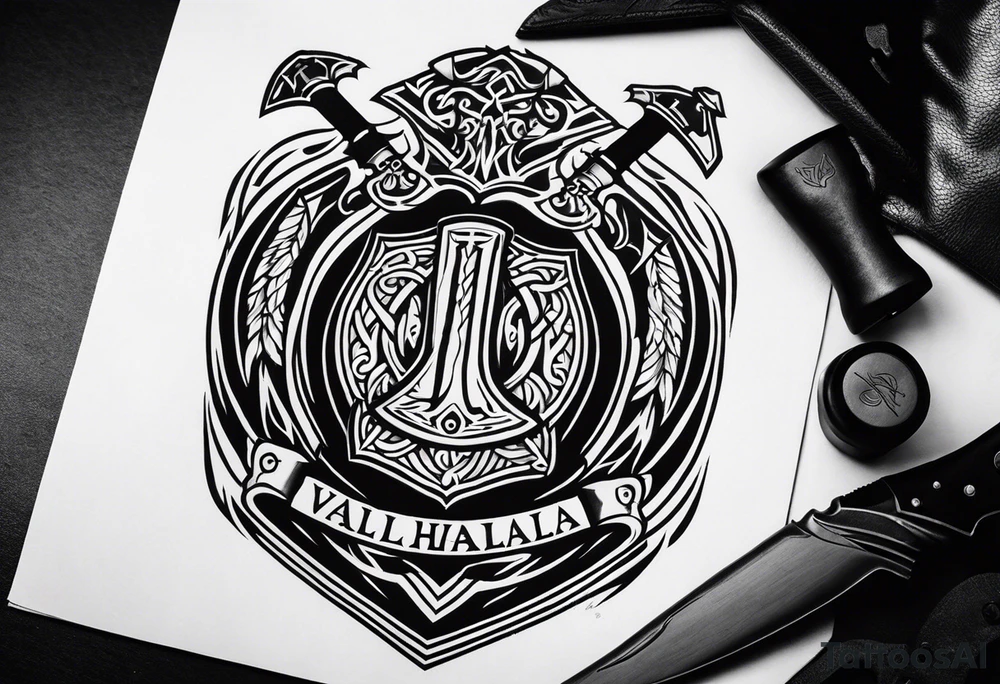Valhalla shield sword axe fire tattoo idea
