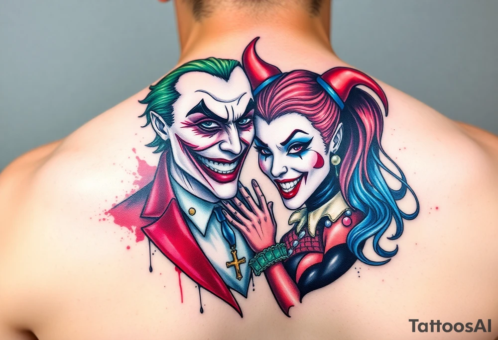 toxic 3d joker and Harley quin together design tattoo idea