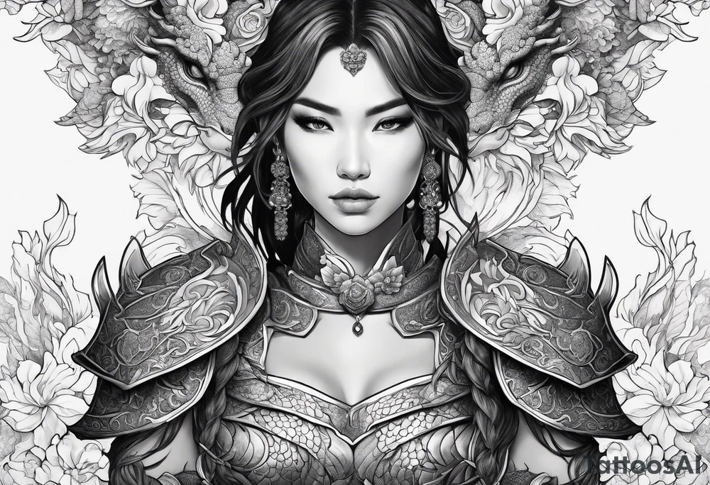 beautiful warrior woman wearing dragon armor and a floral background and a dragon tattoo idea