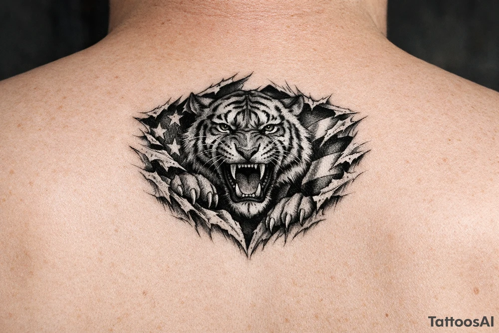 Tiger ripping throught the chest with the American Flag in the background. Almost like the Amercian Flag is the blood of the body. tattoo idea