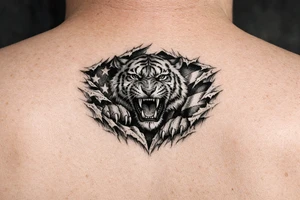 Tiger ripping throught the chest with the American Flag in the background.  Almost like the Amercian Flag is the blood of the body. tattoo idea
