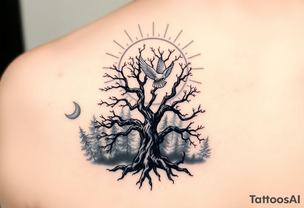 "A tattoo design featuring sun rays  clearly radiating from the top of the shoulder, with a serene forest scene in the background. Incorporate a prominent 'poison tree' design, featuring twisted and gnarled branches, symbolizing duality or mystery. Add a white dove in flight in the foreground, positioned slightly above or near the tree, symbolizing peace and hope. The overall design should have a balance of contrast and shading, blending realism with a slightly surreal artistic style." MAKE SURE THE TATOO IS ON THE SHOULDER tattoo idea