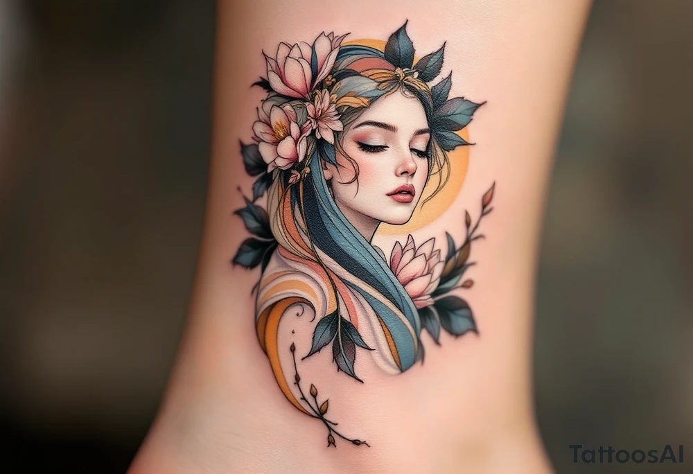 Alfons Mucha’s seasonal spirit in flowing pastel robes, surrounded by blooming magnolias and muted earth tones. tattoo idea