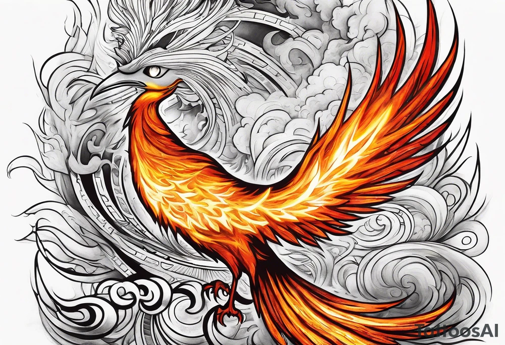 Bold text "BURN IT DOWN" engulfed with flames and smoke of a phoenix tattoo idea