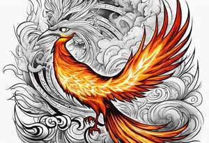 Bold text "BURN IT DOWN" engulfed with flames and smoke of a phoenix tattoo idea