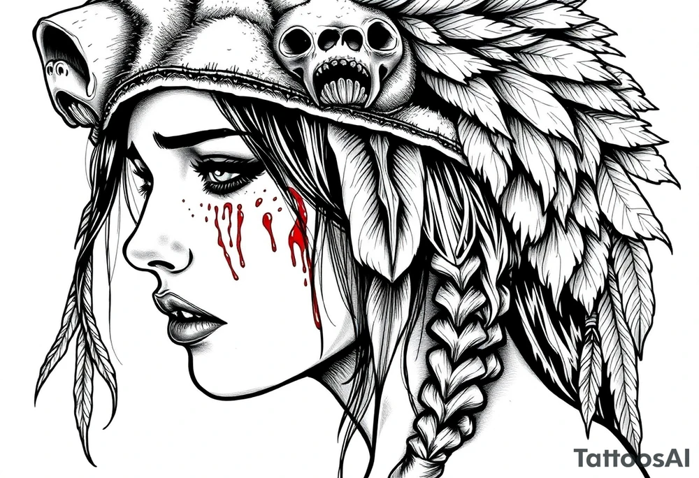 Beautiful Womans shedding a tear, with battle scars and blood on face, wearing dead bear headdress on head tattoo idea