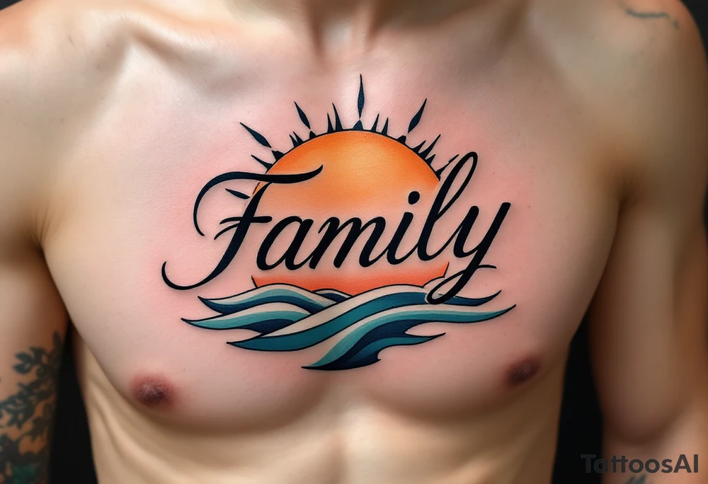 Family in soft black script, placed over a sun and moon design shaded in warm orange and cool teal. tattoo idea