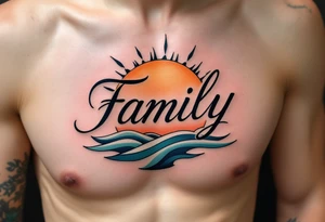 Family in soft black script, placed over a sun and moon design shaded in warm orange and cool teal. tattoo idea
