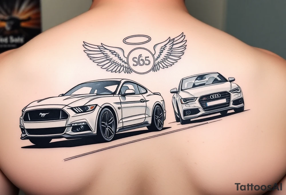 2014 Mustang GT driving down highway with 2015 Audi S5 with Angel wings and halo above 2015 Audi S5 tattoo idea