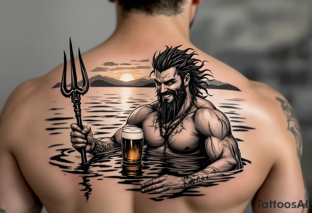 young, smiling, fit poseidon in calm water, holding a trident, drinking a beer, with sunset tattoo idea