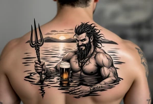 young, smiling, fit poseidon in calm water, holding a trident, drinking a beer, with sunset tattoo idea