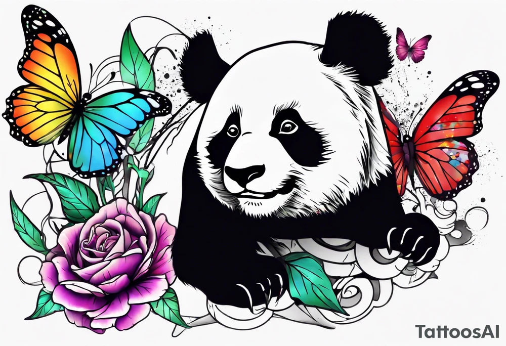 fun panda with colors chasing butterfly tattoo idea