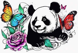 fun panda with colors chasing butterfly tattoo idea