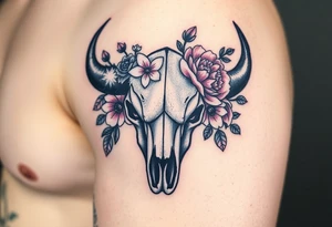 Buffalo or bison skull with flowers. Snow drop and peony. Colour. For upper arm or shoulder. Masculin. tattoo idea