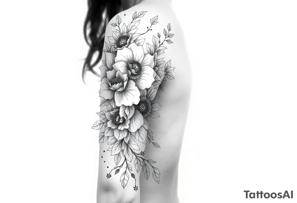 floral composition with japanese vibe, mutiple ornemental patern and leaf, dot geometric ornement tattoo idea