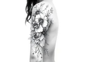 floral composition with japanese vibe, mutiple ornemental patern and leaf, dot geometric ornement tattoo idea
