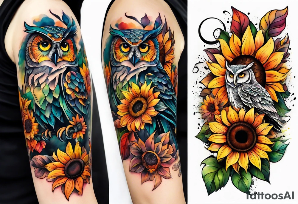 Arm sleeve with colorful sunflowers and an owl tattoo idea