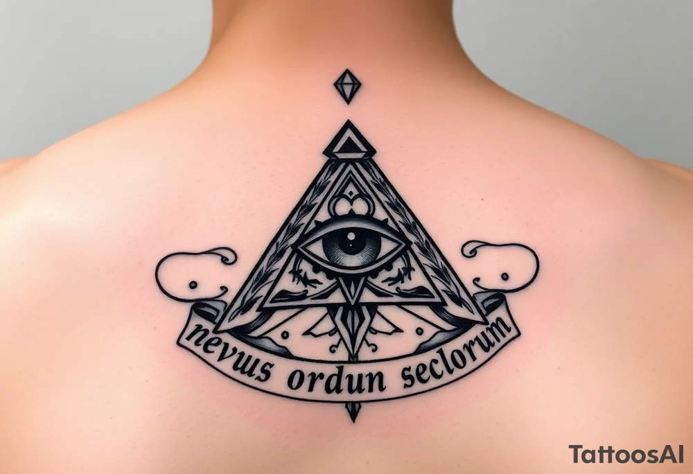 Pyramid with eye in the center, diamond on the top,surrounded by words - novus ordum seclorum tattoo idea