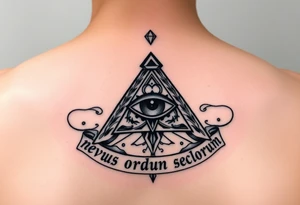 Pyramid with eye in the center, diamond on the top,surrounded by words - novus ordum seclorum tattoo idea