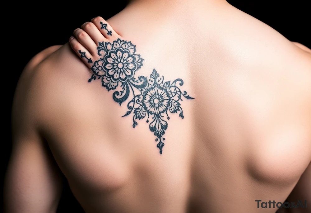 Tori on a man’s hand with designs tattoo idea