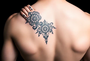Tori on a man’s hand with designs tattoo idea