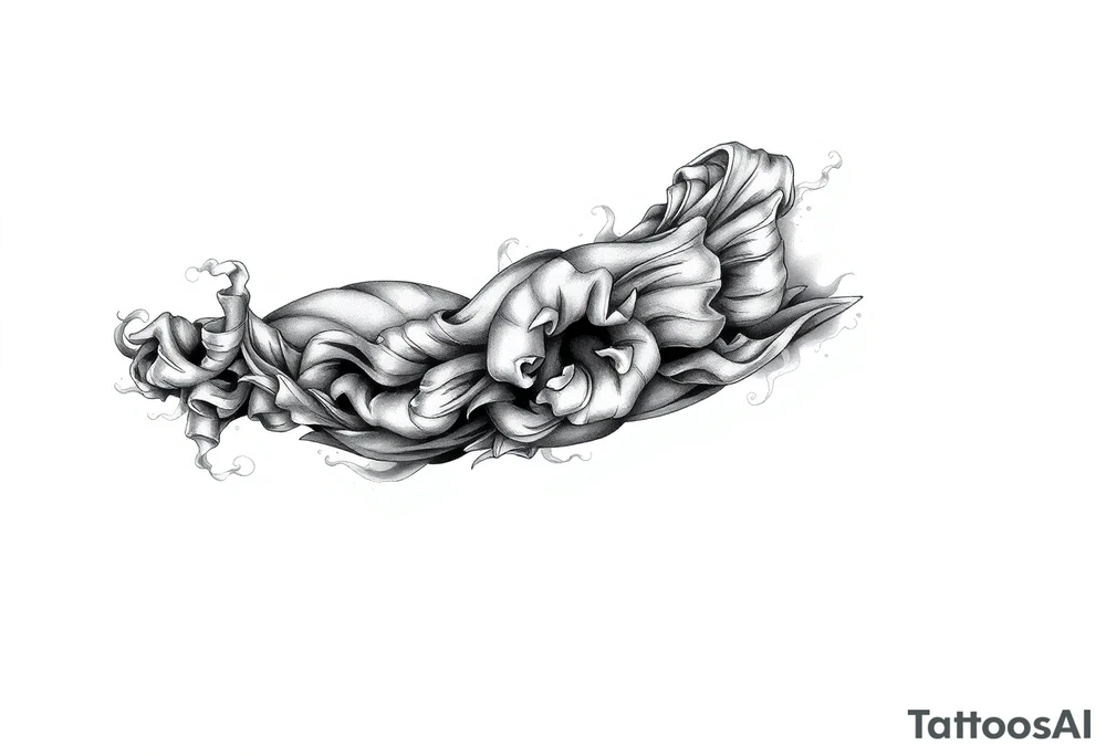 Tattoo sleeve filler using smoke, ash, and fragmented memory effects, organic flow wrapping around arm muscles, soft gradients, negative space, black and grey realism, seamless transitions between main tattoo elements. tattoo idea