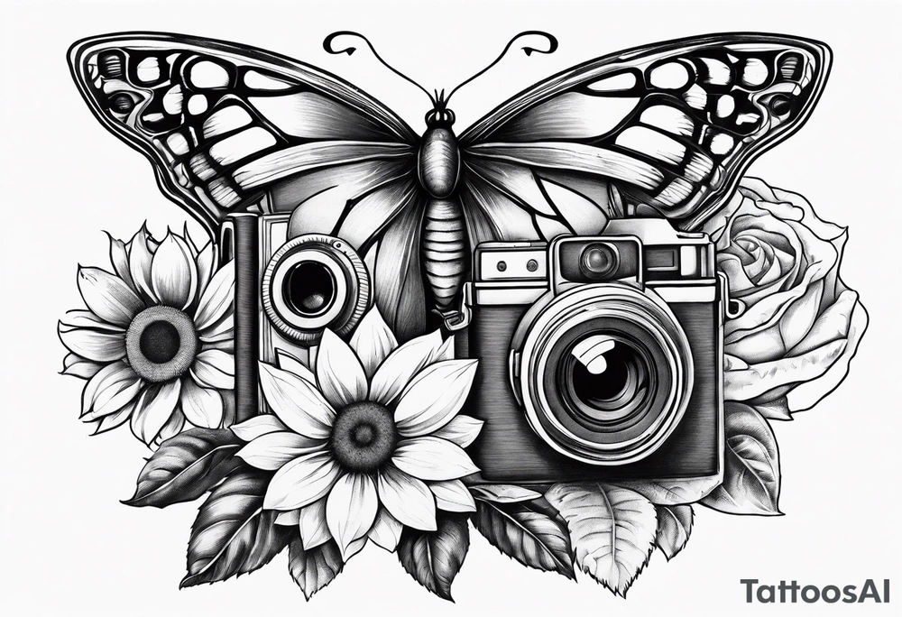 Butterfly, sunflower, camera, book, flower rose tattoo idea Butterfly, sunflower, camera, book, flower rose tattoo idea
