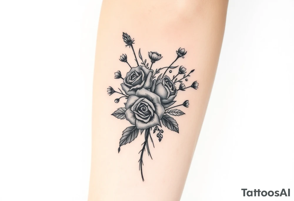 vintage bouquet of wild roses and meadow flowers with morning dew tattoo idea