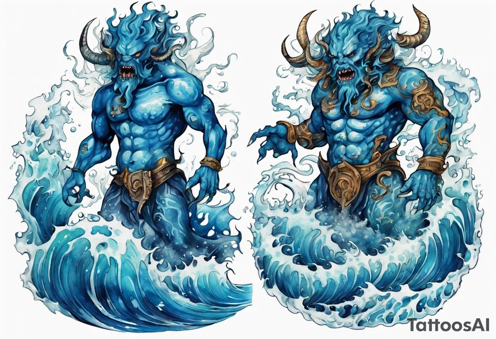 a beautiful blue sea demon standing in the sea surrounded by crashing waves tattoo idea