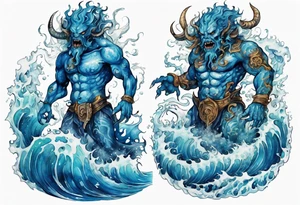a beautiful blue sea demon standing in the sea surrounded by crashing waves tattoo idea