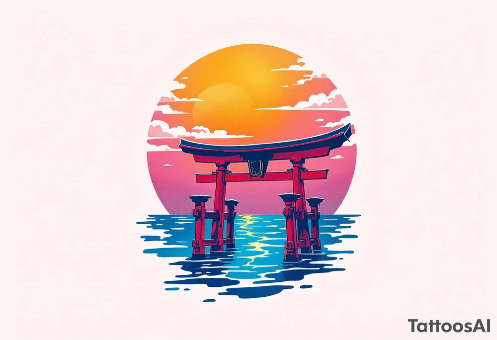 A red torii gate standing in shallow blue water under a pink and orange sunset sky. tattoo idea
