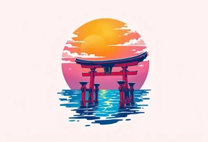 A red torii gate standing in shallow blue water under a pink and orange sunset sky. tattoo idea