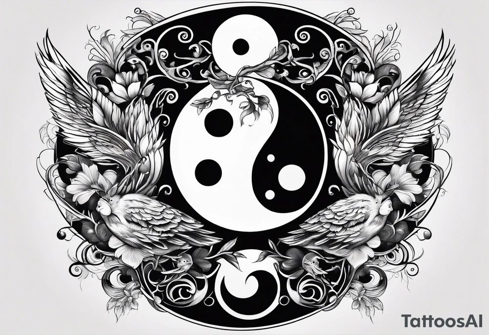 Semicolon ying-yang with theater masks and two birds tattoo idea