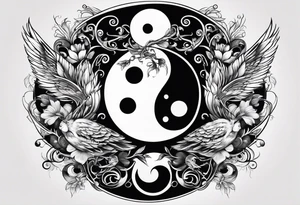 Semicolon ying-yang with theater masks and two birds tattoo idea