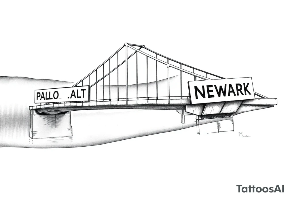 A bridge over water with two cities on the side. The city signs on the side of the bridge. East Palo Alto on the left and Newark on the right tattoo idea