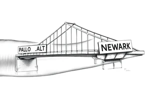 A bridge over water with two cities on the side. The city signs on the side of the bridge. East Palo Alto on the left and Newark on the right tattoo idea
