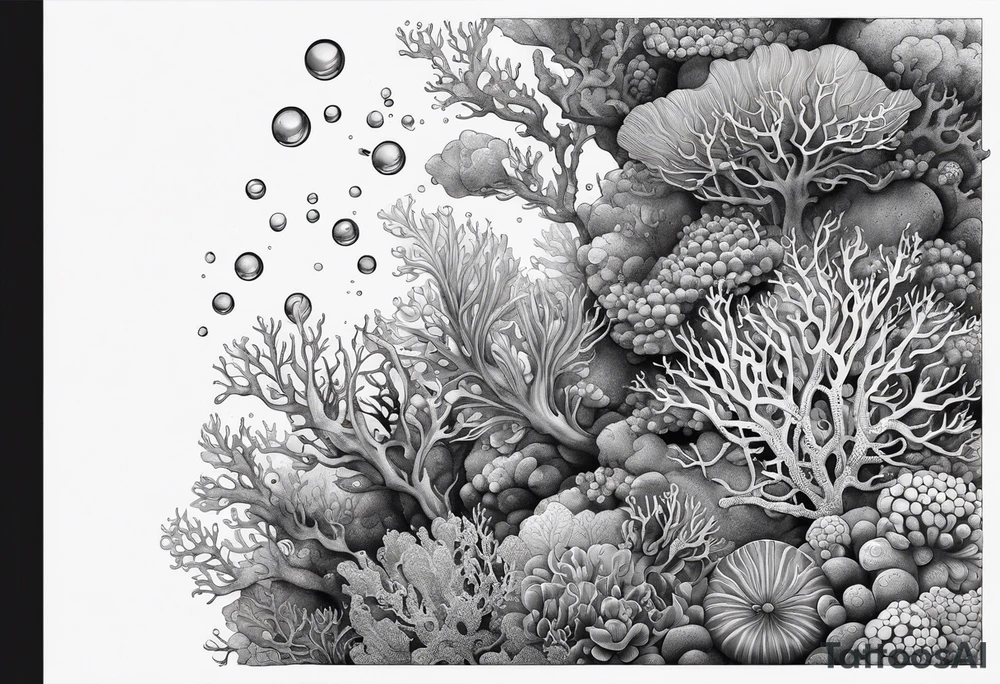 dark underwater coral reef with bubbles, flowing water lines tattoo idea
