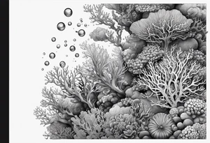 dark underwater coral reef with bubbles, flowing water lines tattoo idea