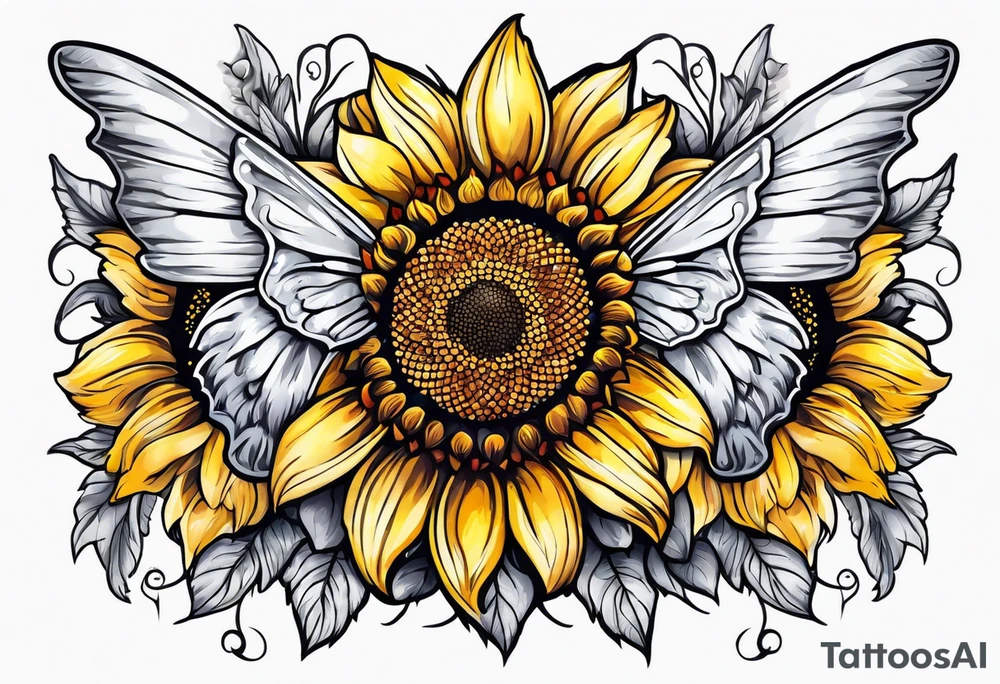 Sleeve with angel wings, sunflower and butterfly tattoo idea