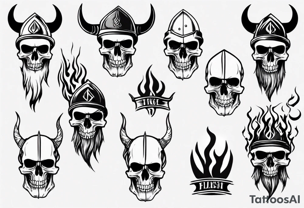 Skull head with viking hat and flames tattoo idea