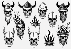 Skull head with viking hat and flames tattoo idea
