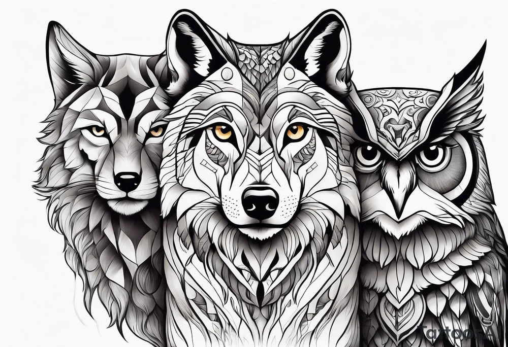 A composition with a Wolf, a lioness and an owl in very simple style and a beautiful colored background. tattoo idea