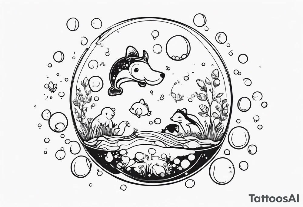 cute animals floating up in bubbles tattoo idea