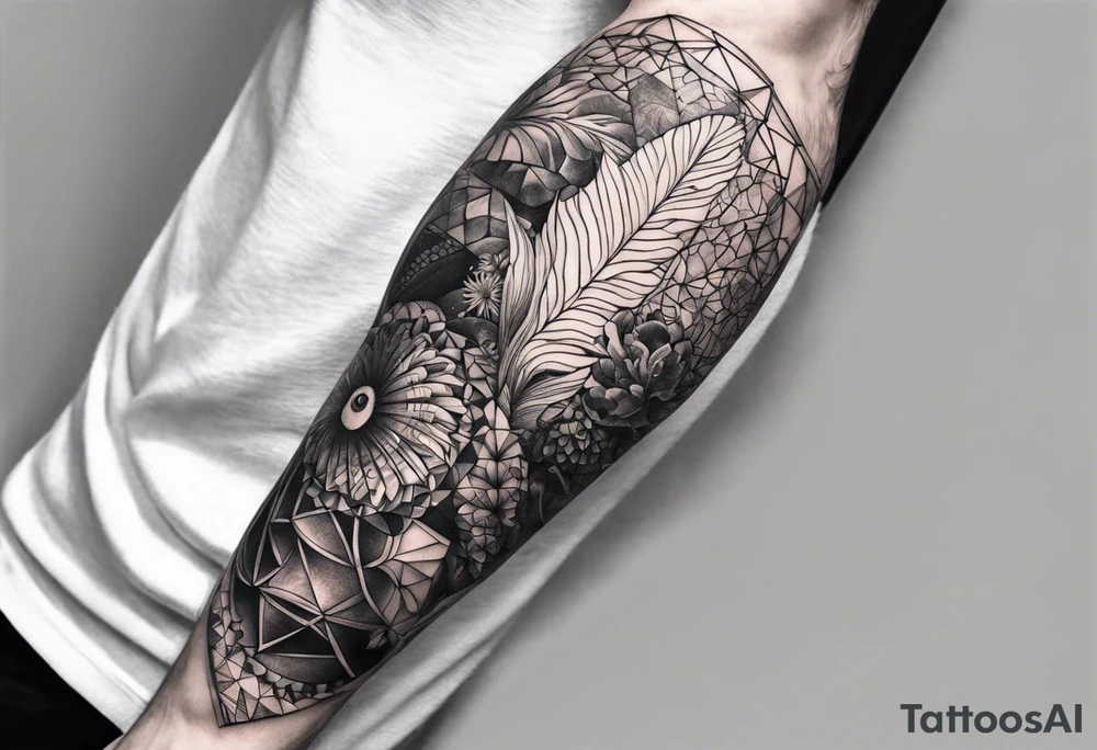 Sea life full leg sleeve male geometric tattoo idea