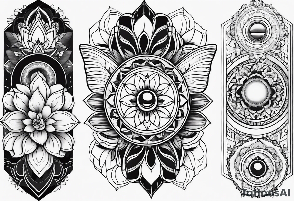 7 chakras sleeve with butterflies and flowers tattoo idea