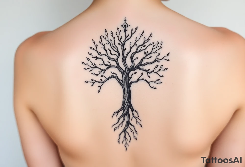 mystical tree of life with cosmic roots and celestial branches tattoo idea